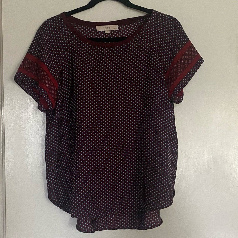 LOFT Burgundy Polka Dot Short Sleeve Blouse